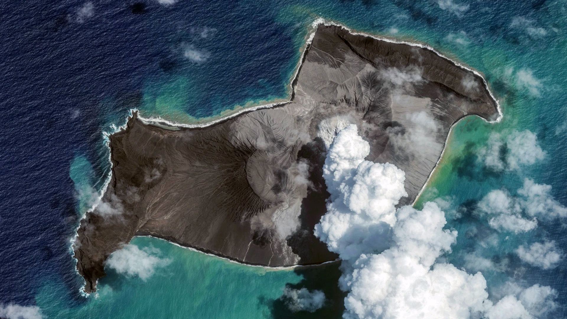 Satellite imagery shows the Hunga Tonga-Hunga Ha’apai volcano in Tonga on Jan. 6, days before it erupted.