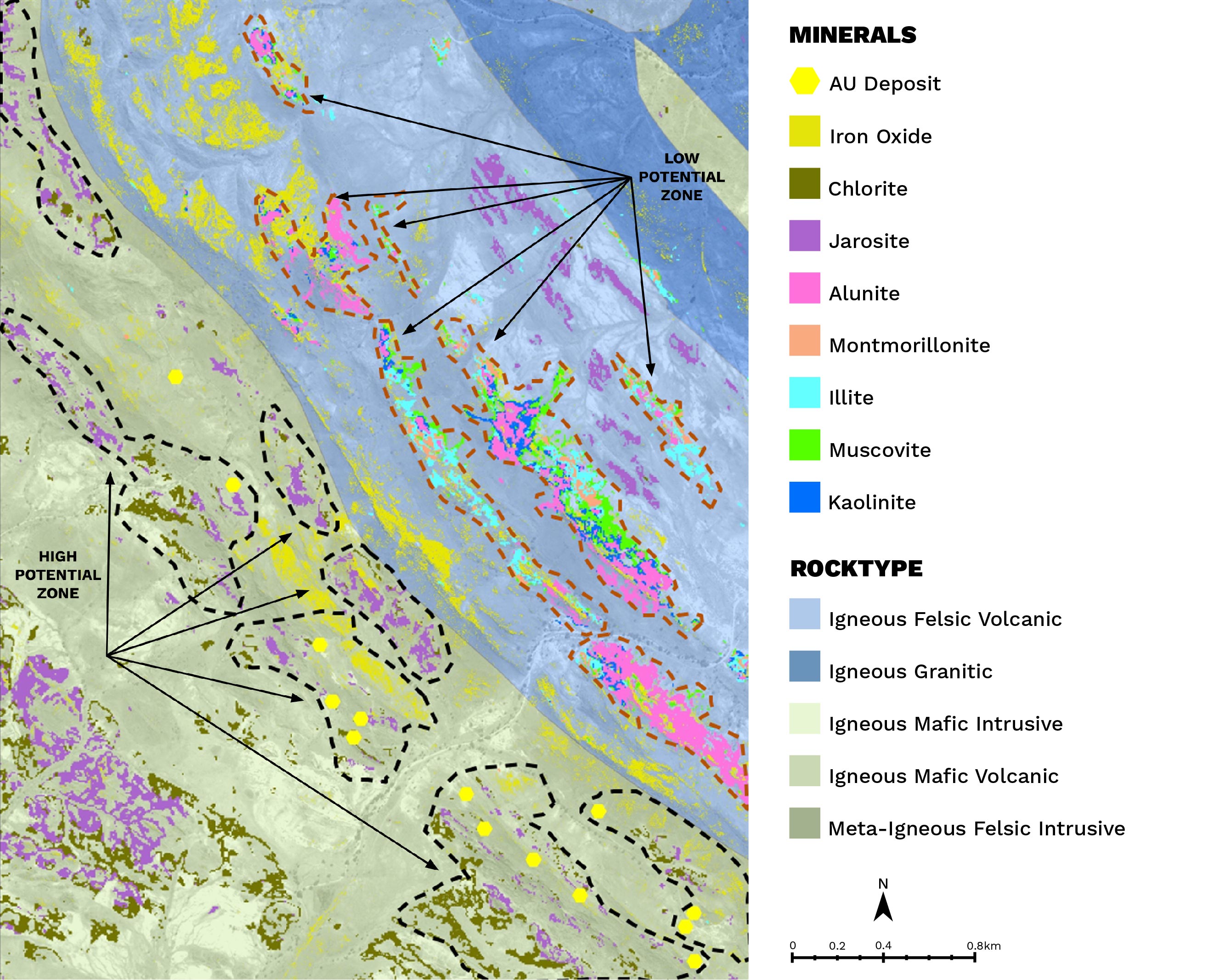 The final mineral map indicates the high and low potential zones for AU